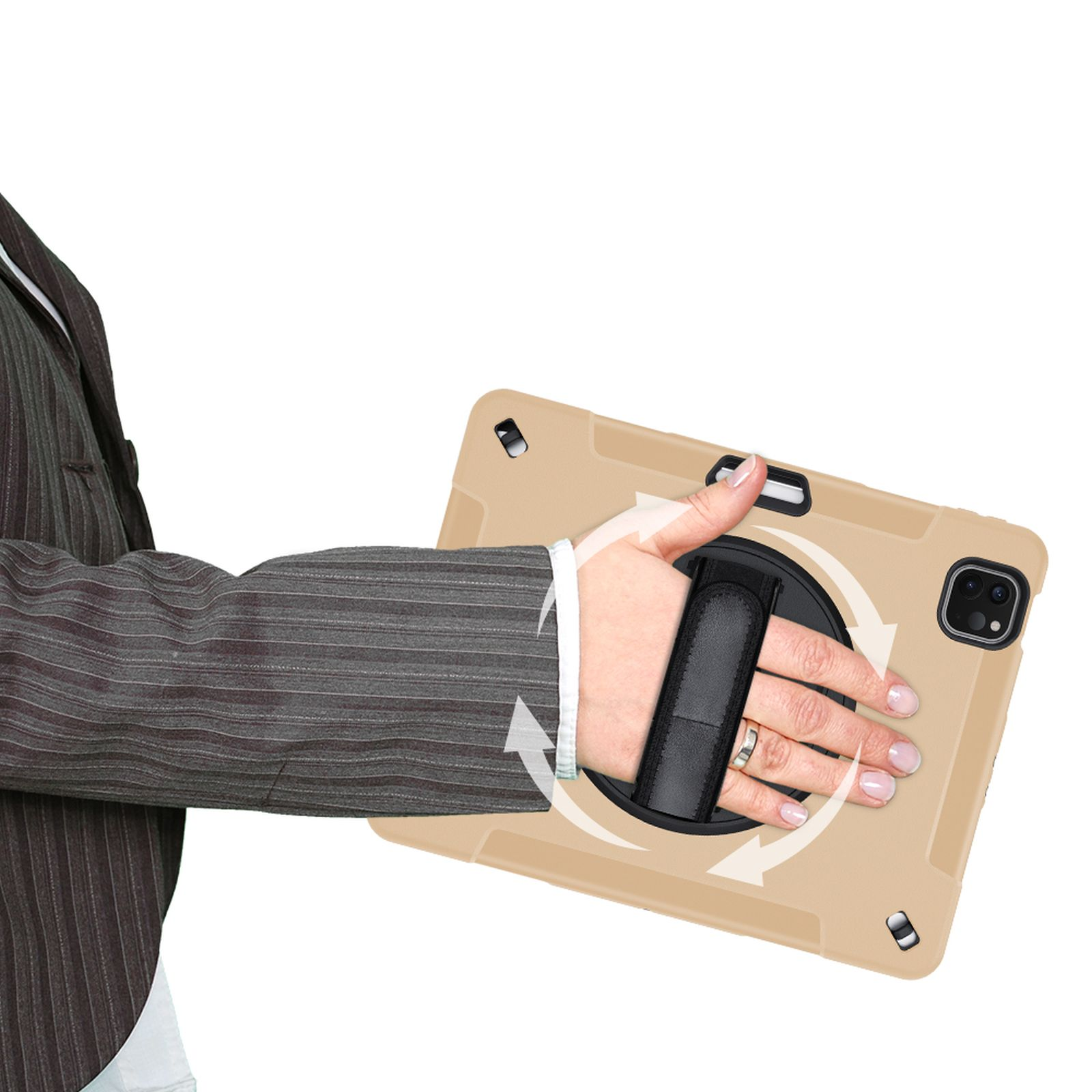 Die Hand einer Person, die eine beige Tablet-Hülle hält, mit einem schwarzen Riemen und Pfeilen, die die Drehung anzeigen.