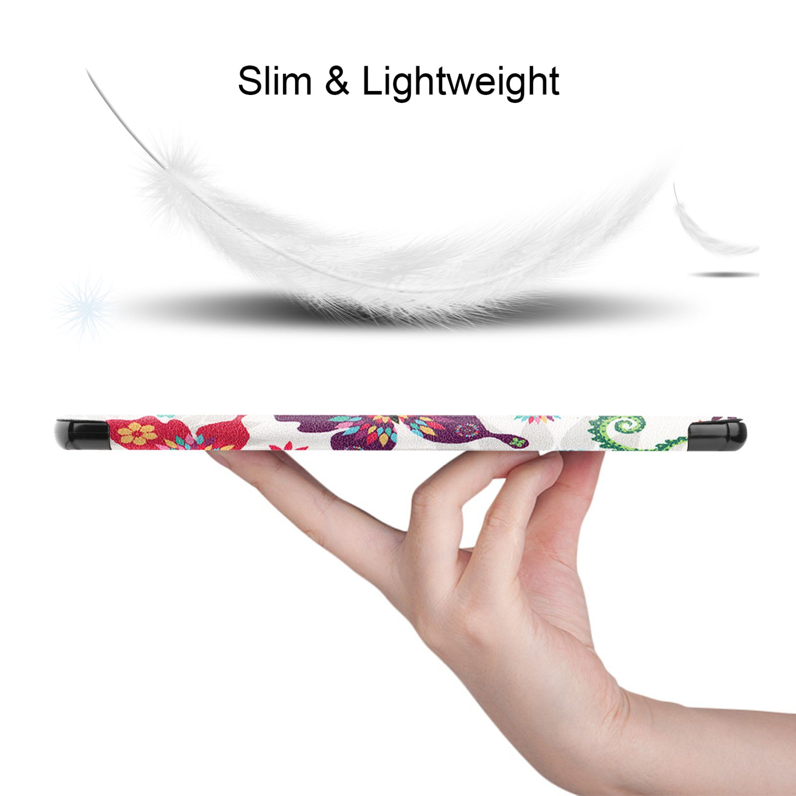 Hand, die Tablet mit farbenfrohem Design hält. Weiße Federn im Hintergrund.