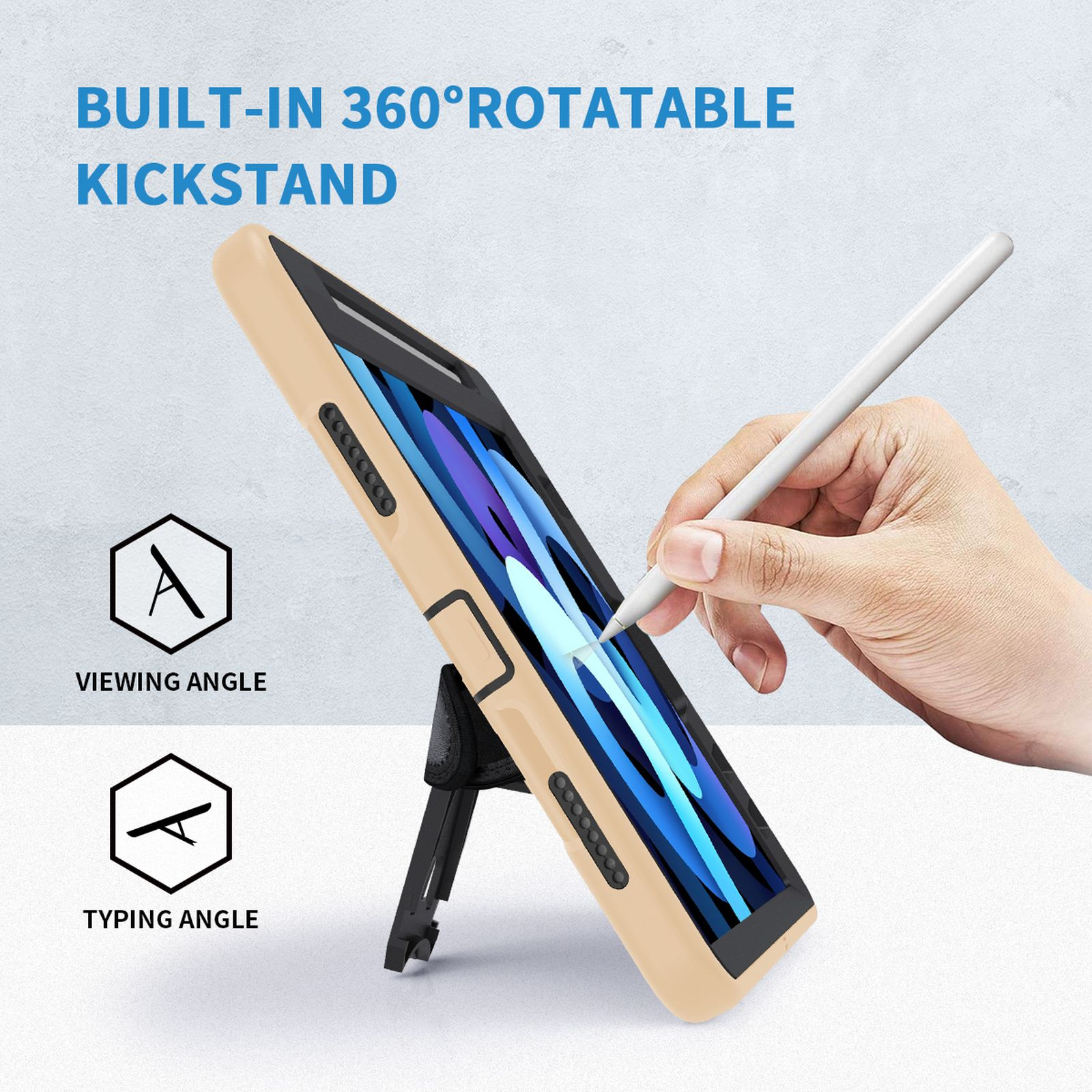 Eine Tablet-Hülle mit Ständer, eine Hand, die einen Stift benutzt, mit Text 'eingebauter 360°-drehbarer Ständer'.