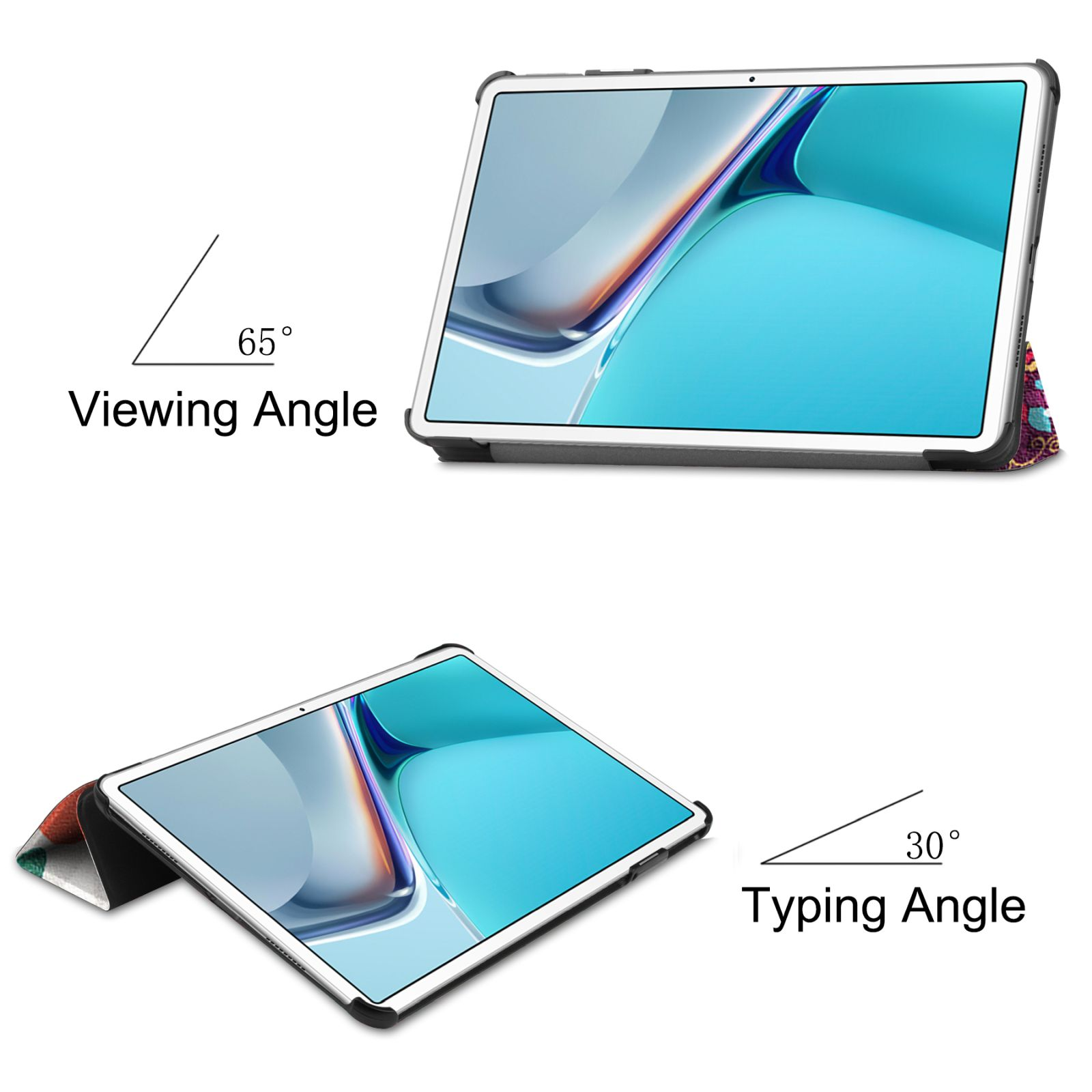 Tablet mit farbenfrohem Bildschirm in einem Gehäuse. Gezeigte Winkel sind 65 Grad Betrachtungswinkel und 30 Grad Tippwinkel.