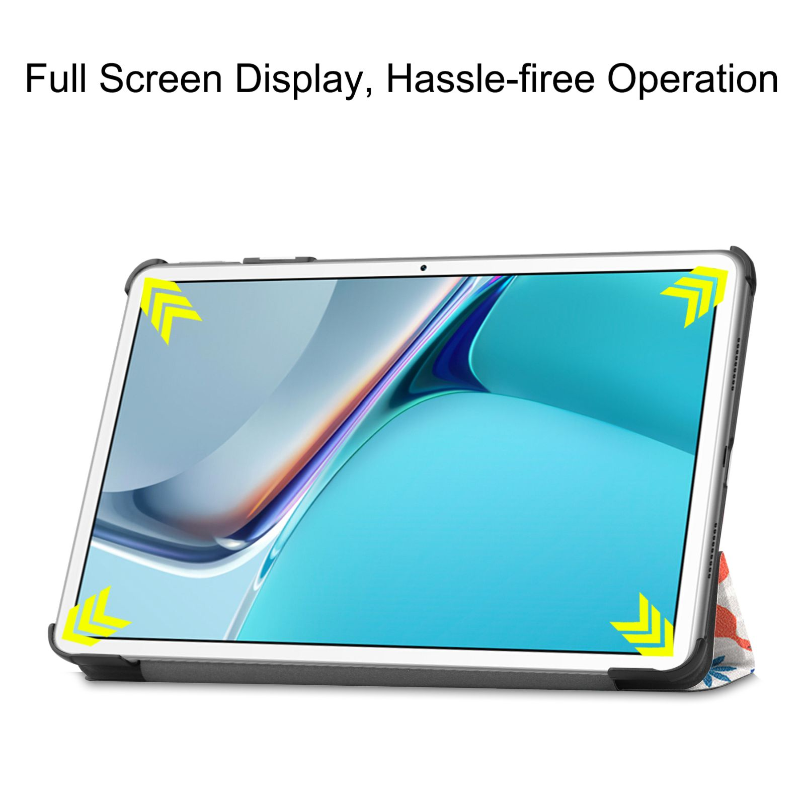 Tablet mit Vollbildanzeige. Schwarzer Rand mit Pfeilen und farbenfroher Rückseite.