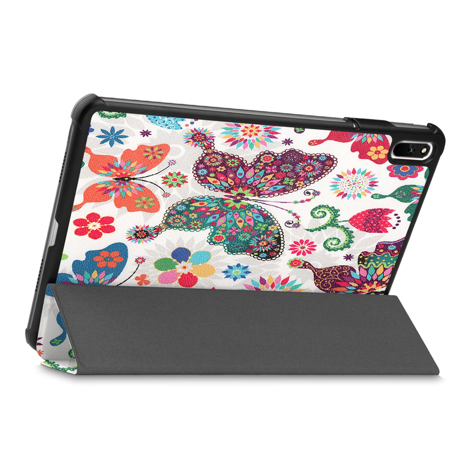 Tablethülle mit Schmetterlingsdesign, geöffnet mit Ständer.
