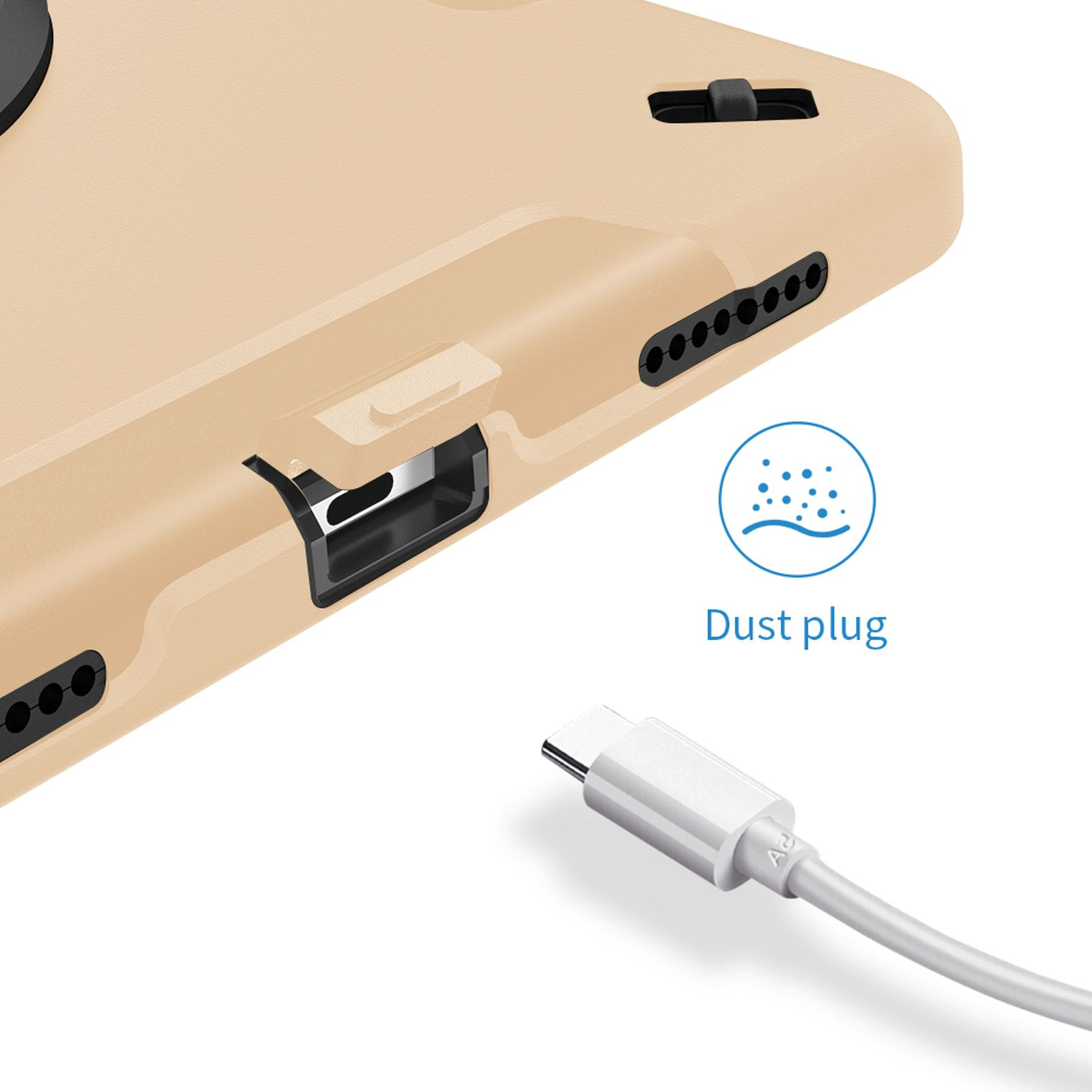 Nahaufnahme einer Tablethülle mit Ladeanschluss und weißem Kabel.