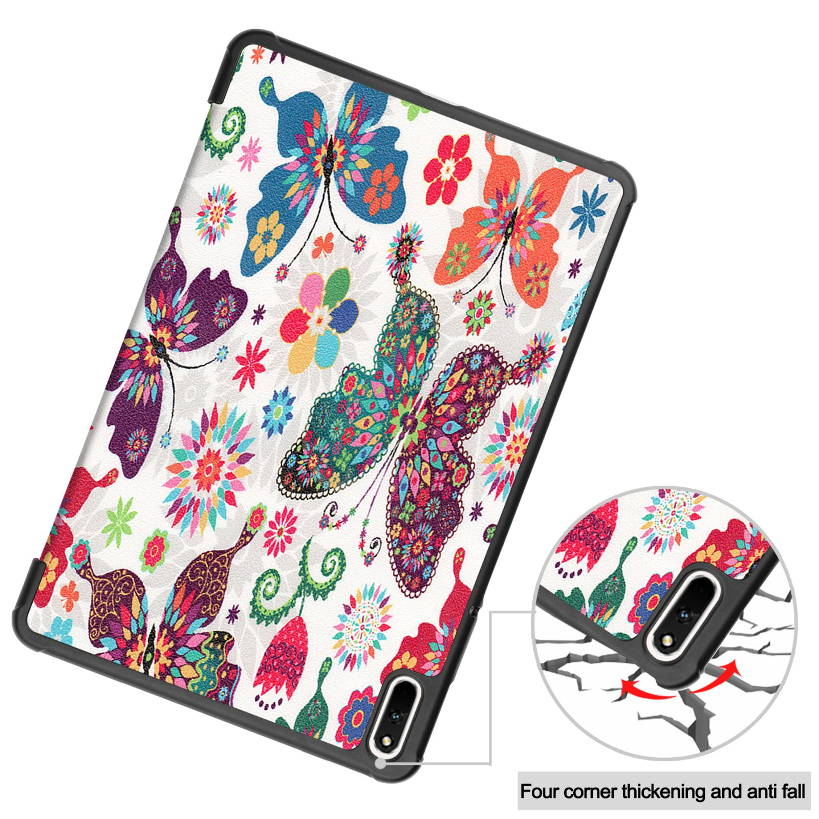 Tablet-Hülle mit buntem Schmetterlingsdesign. Schmetterlinge auf der Hülle. Gerissene Handyhülle.