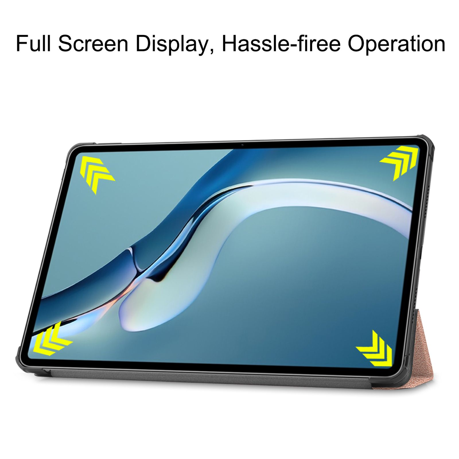 Tablet auf Ständer, zeigt einen blau-weißen Bildschirm. Pfeile zeigen die Ecken an. Text: Full Screen Display, Hassle-free Operation.