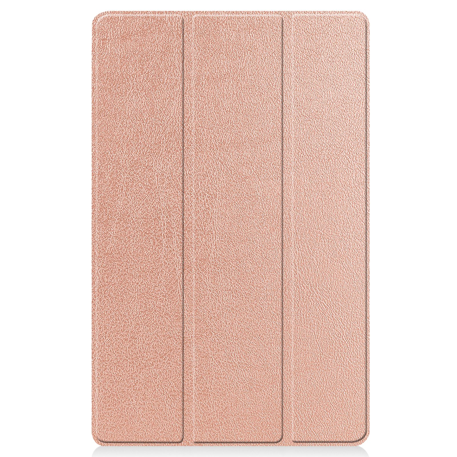 Eine geschlossene Tablet-Hülle in Roségold. Die Hülle hat eine strukturierte Oberfläche mit drei vertikalen Segmenten.