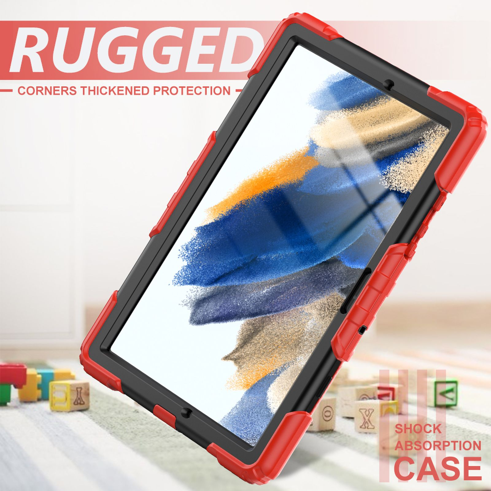 Tablet in robuster roter und schwarzer Hülle. Text 'Rugged' und 'Shock Absorption Case'.
