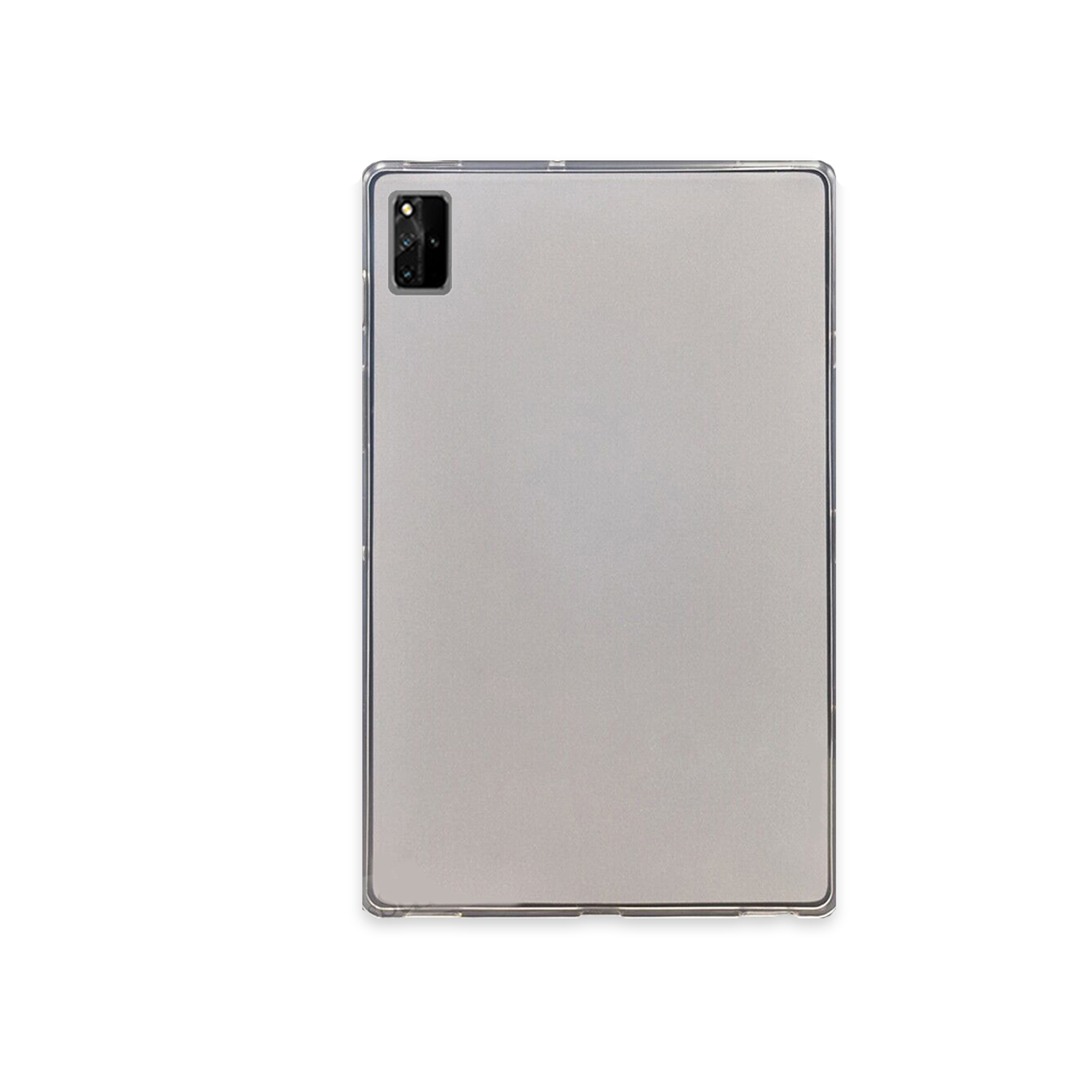 Graue Tablet-Rückseite mit Kamera. Das Tablet befindet sich in einer transparenten Hülle, vor weißem Hintergrund.