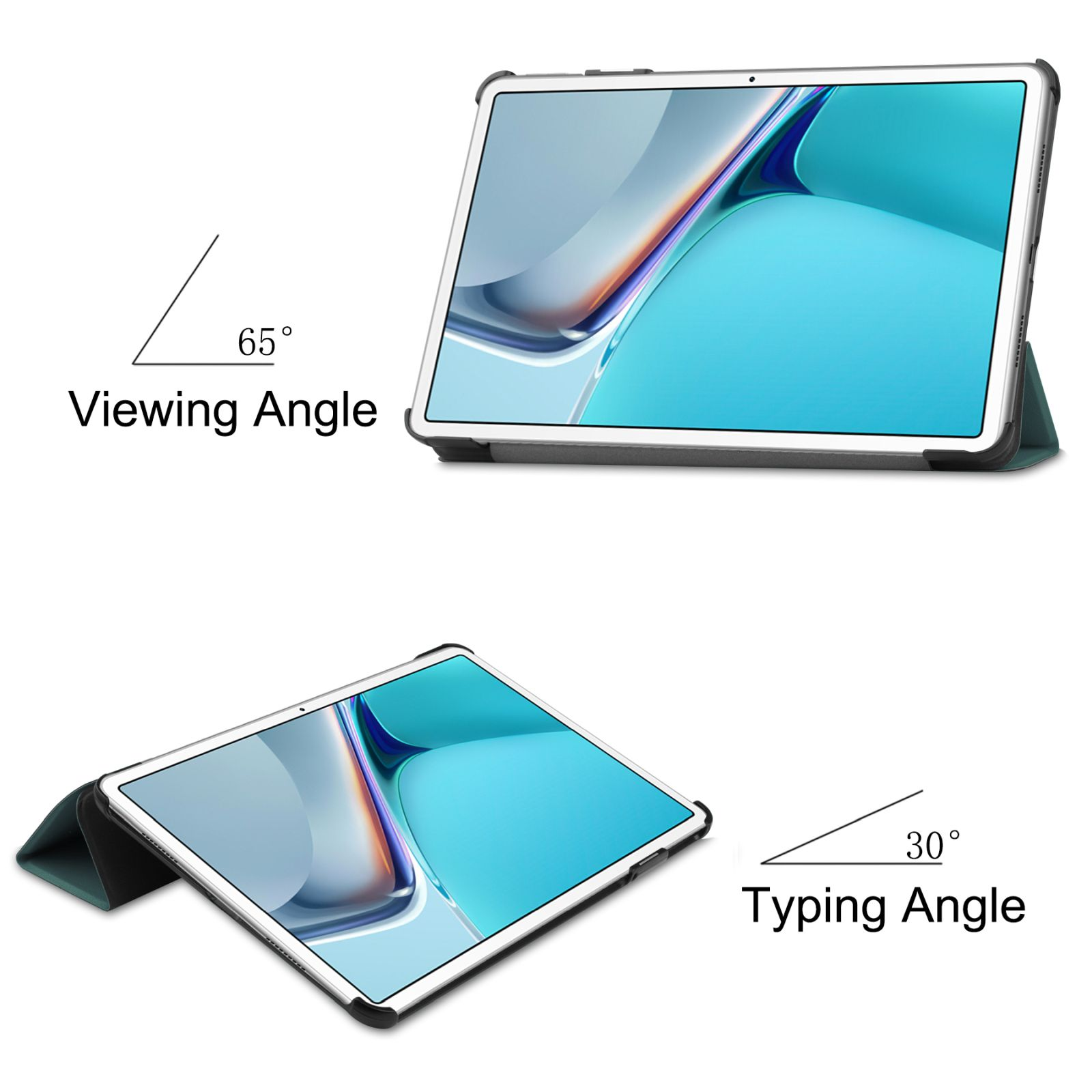 Tablet im Case; Draufsicht 65° Betrachtungswinkel, 30° Schreibwinkel. Blau und grüne Anzeige.