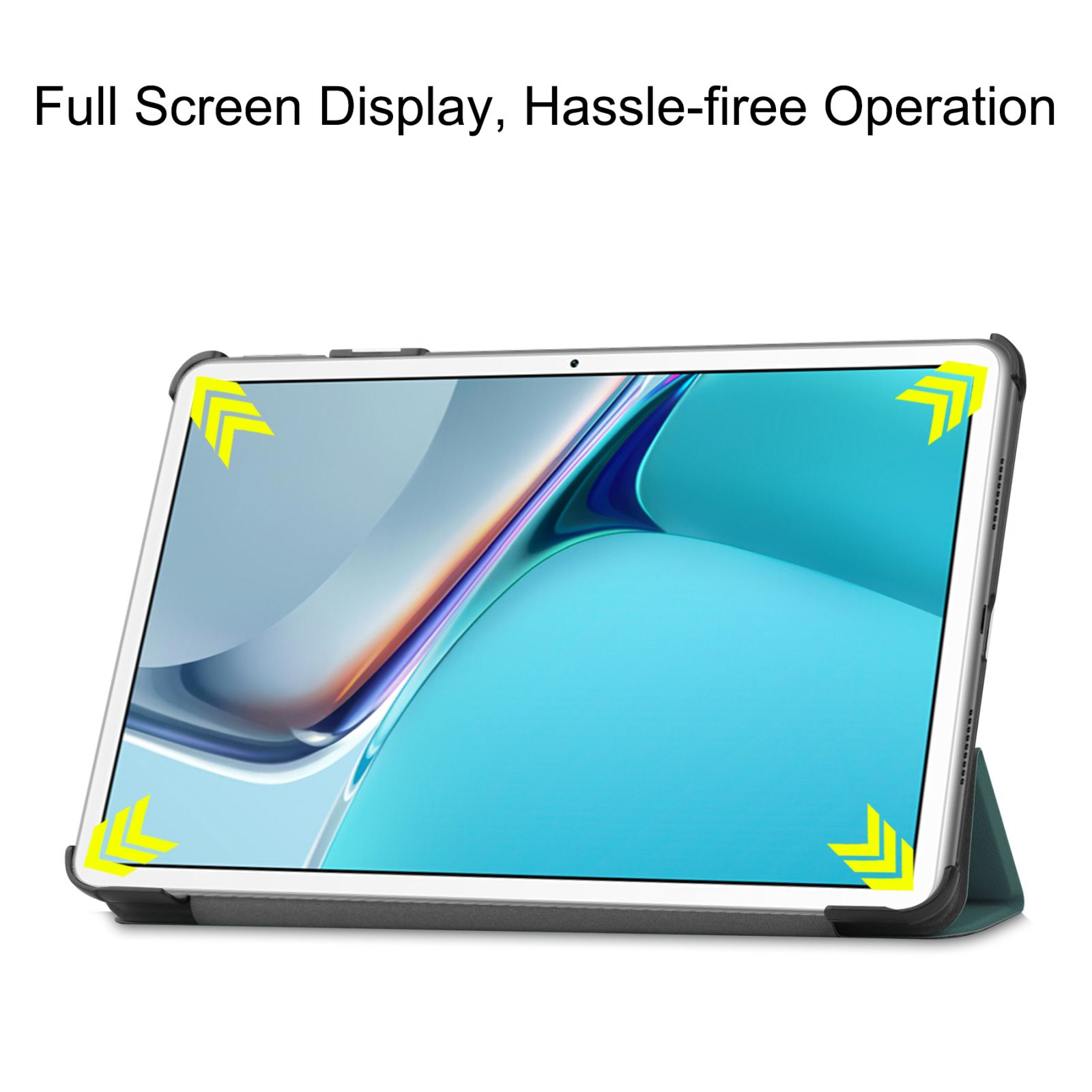 Ein Tablet in einer Hülle, das eine Vollbildanzeige zeigt. Die Pfeile zeigen auf die Ecken.