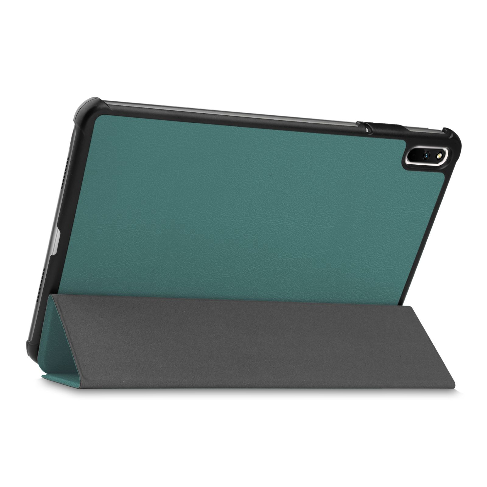 Grüne Tablethülle, offen, aufgestellt. Zeigt die Rückseite des Tablets.