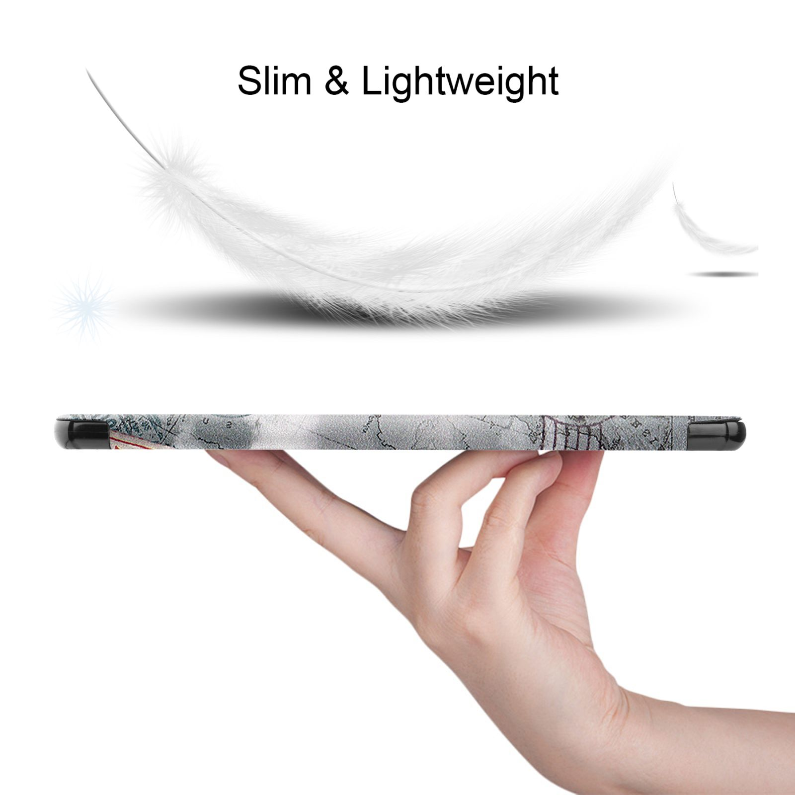 Ein Tablet wird von einer Hand gehalten. Das Tablet zeigt ein gemustertes Design. Eine Feder schwebt über dem Tablet. Text: 'Schlank & leicht'.