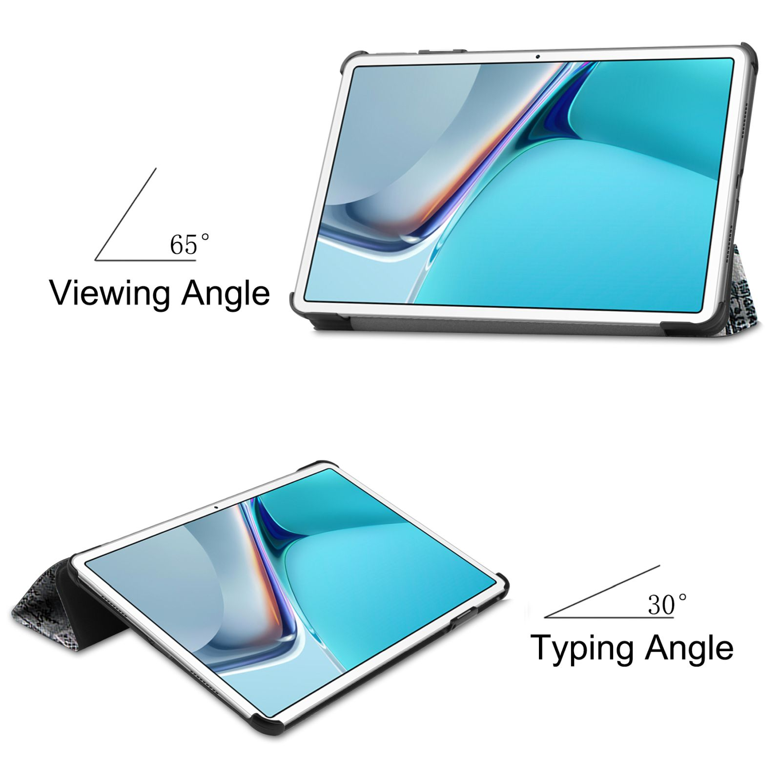 Tablet in schwarzem Gehäuse, mit einem Betrachtungswinkel von 65 Grad und einem Tippwinkel von 30 Grad.