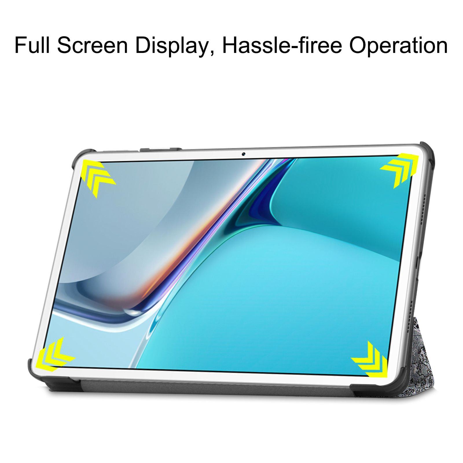 Tablet, Bildschirm an, in einem Gehäuse, gelbe Pfeile zeigen Ecken.