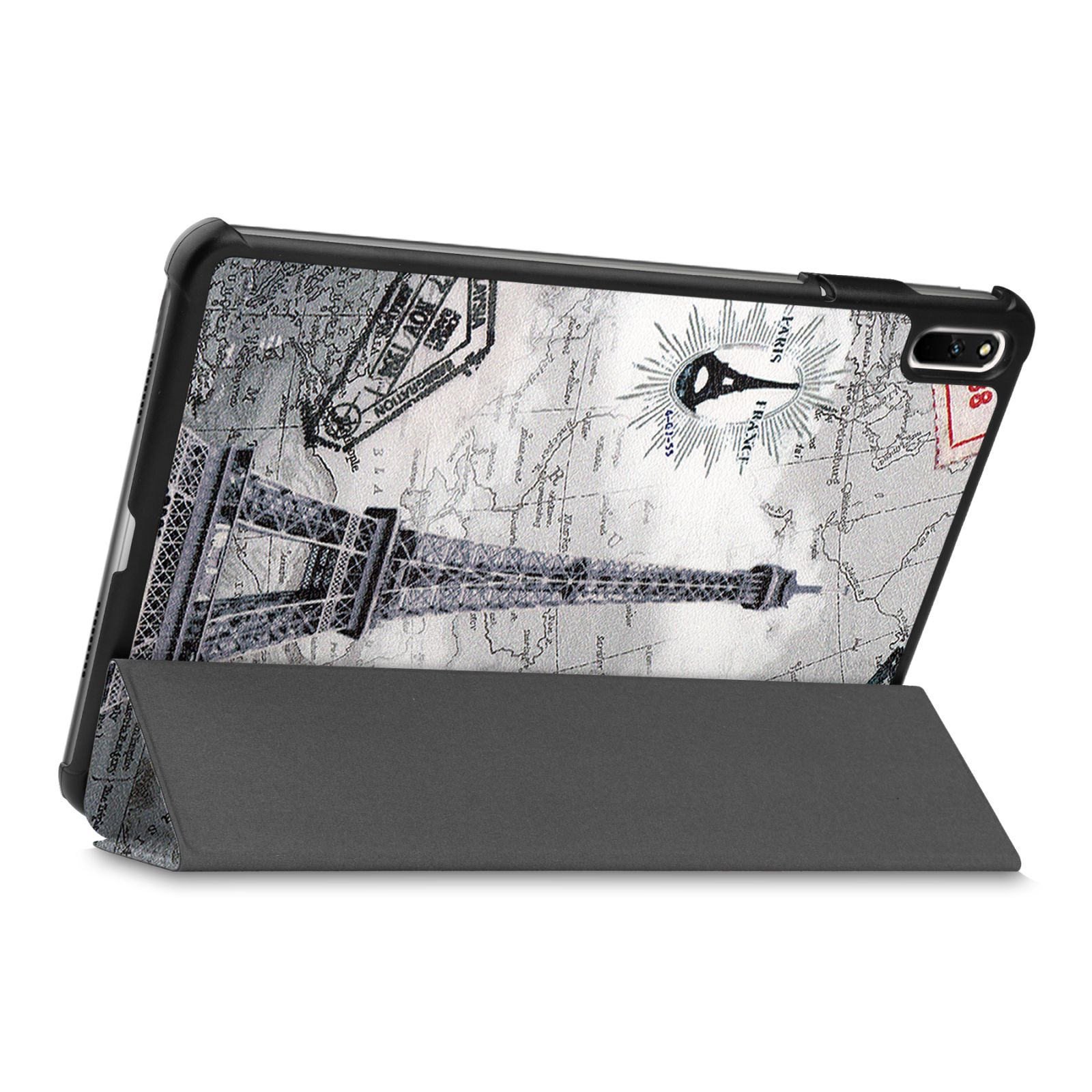 Tablet-Hülle mit Eiffelturm-Bild, offen zu einem Ständer. Der Hintergrund ist eine Karte mit Stempeln.