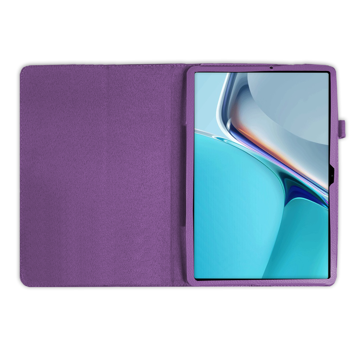 Lila Tablet-Hülle, geöffnet, um einen Tablet-Bildschirm freizugeben. Das Tablet ist hellblau.