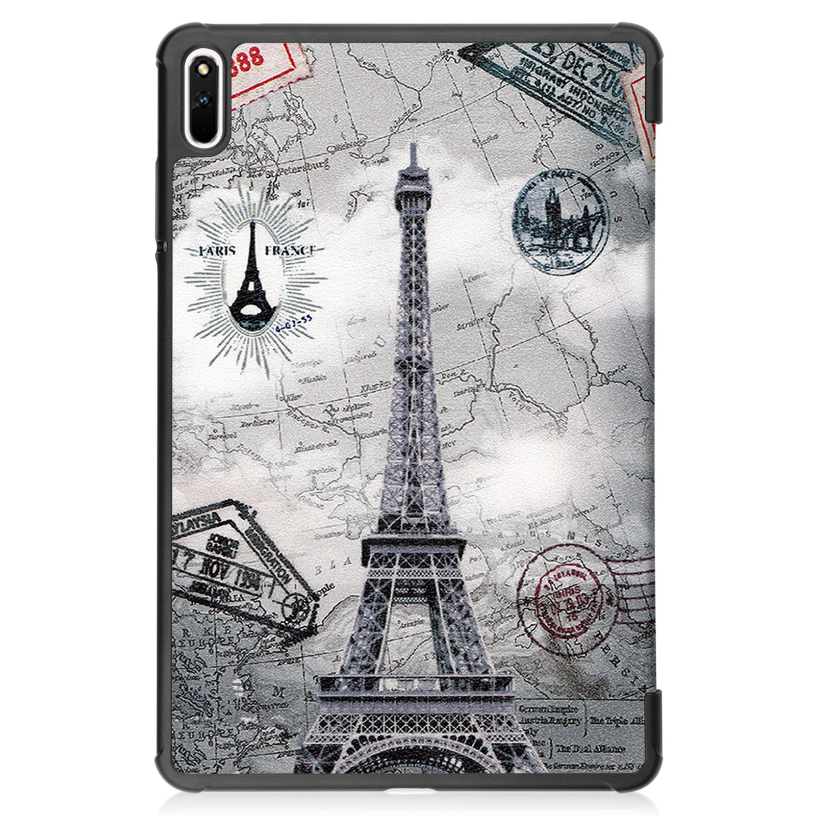 Tablet-Hülle mit Eiffelturm-Design, Stempeln und Kartenhintergrund. Schwarzer Rahmen.