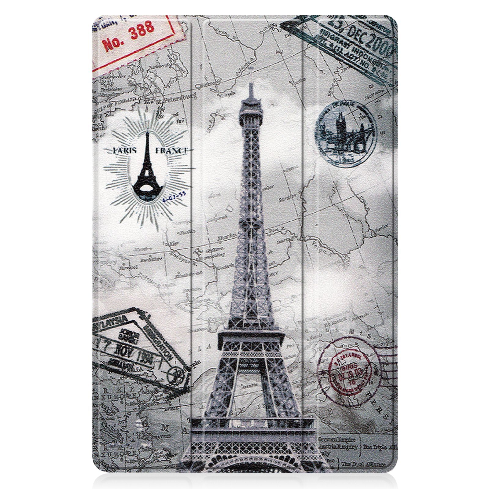 Tablet-Hülle mit Eiffelturm- und Kartendesign, Grautöne.