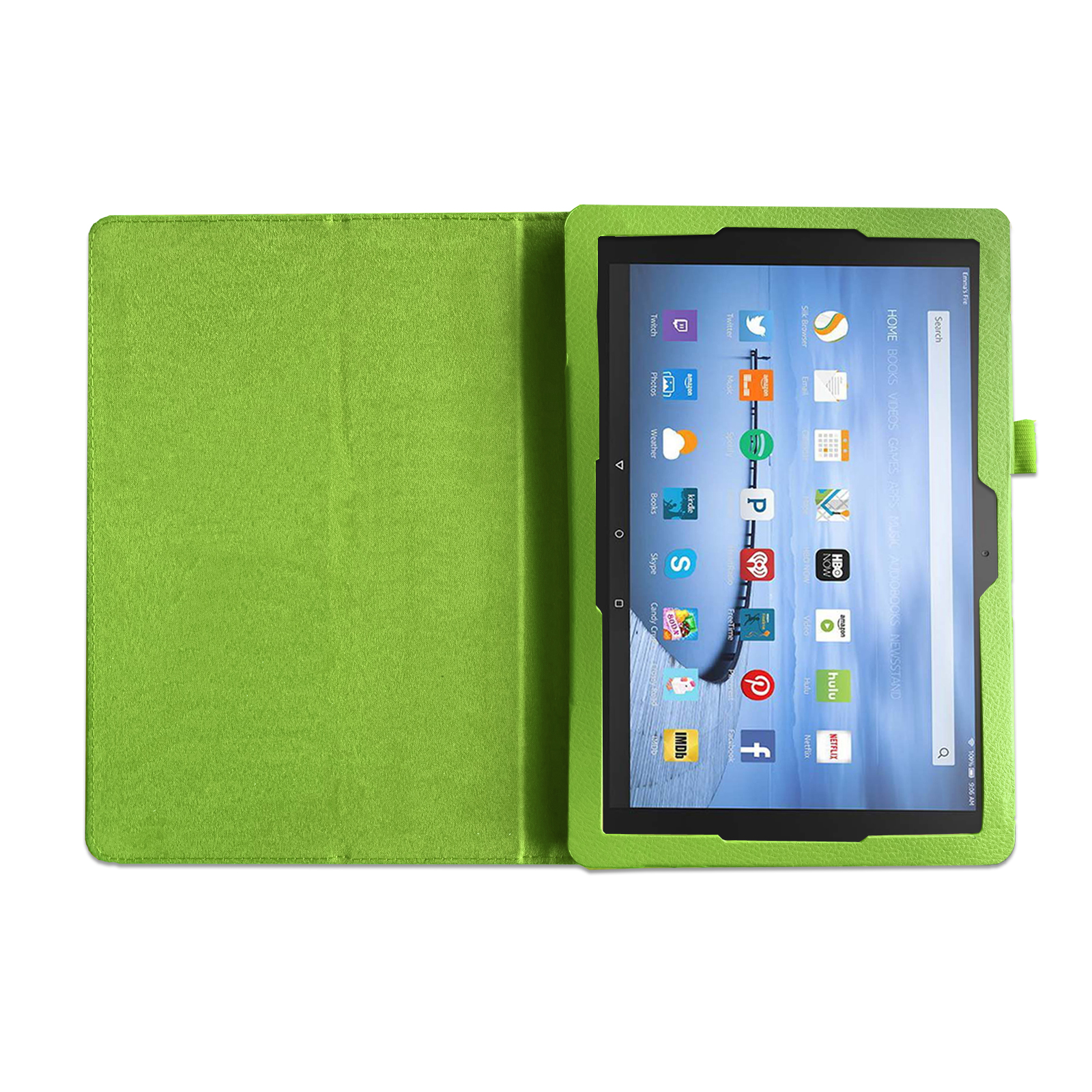 Tablet in einer grünen Hülle, offen. Tablet-Bildschirm ist sichtbar mit App-Symbolen.