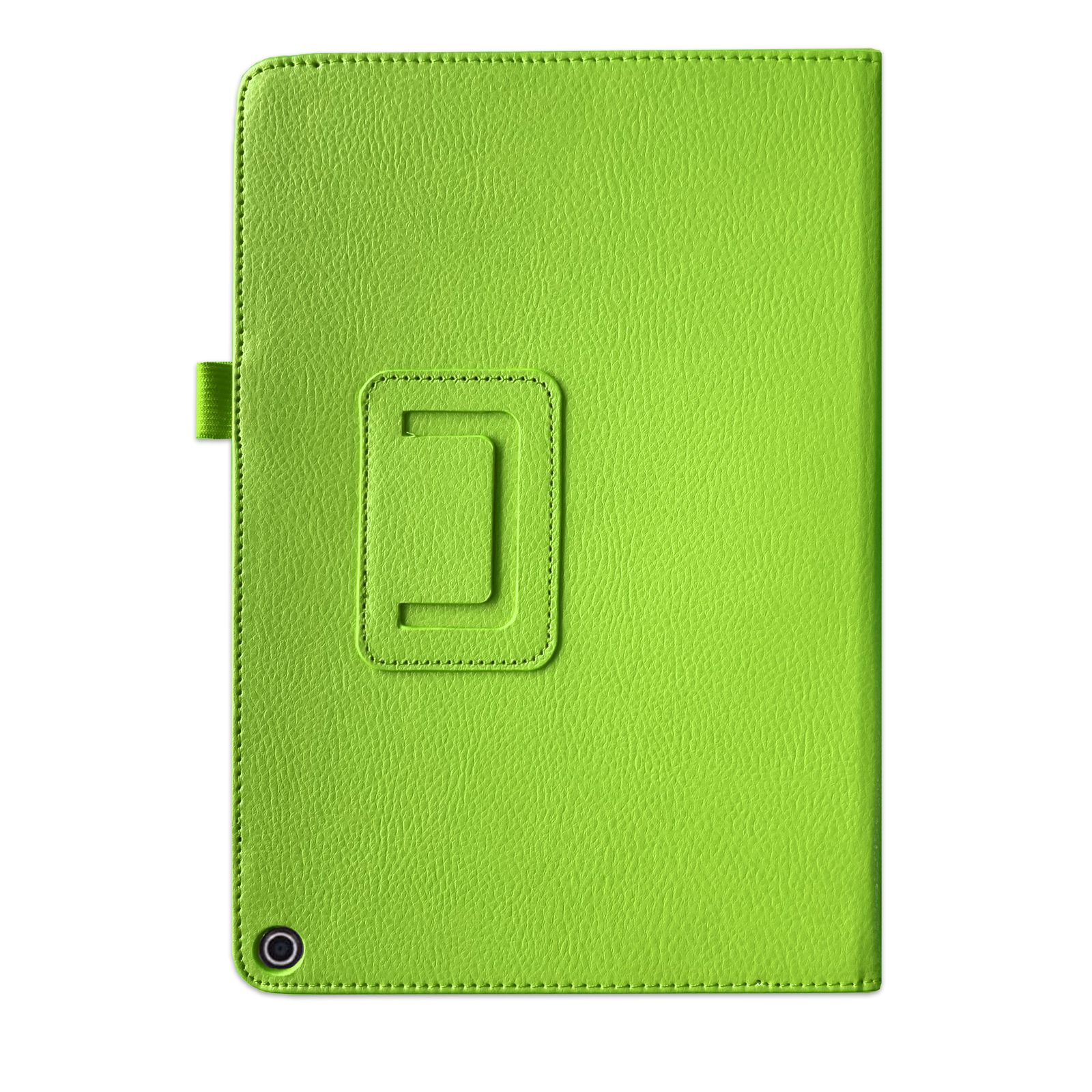 Eine grüne Tablet-Hülle mit rechteckigem Ausschnitt für die Kamera und einem kreisförmigen Loch.