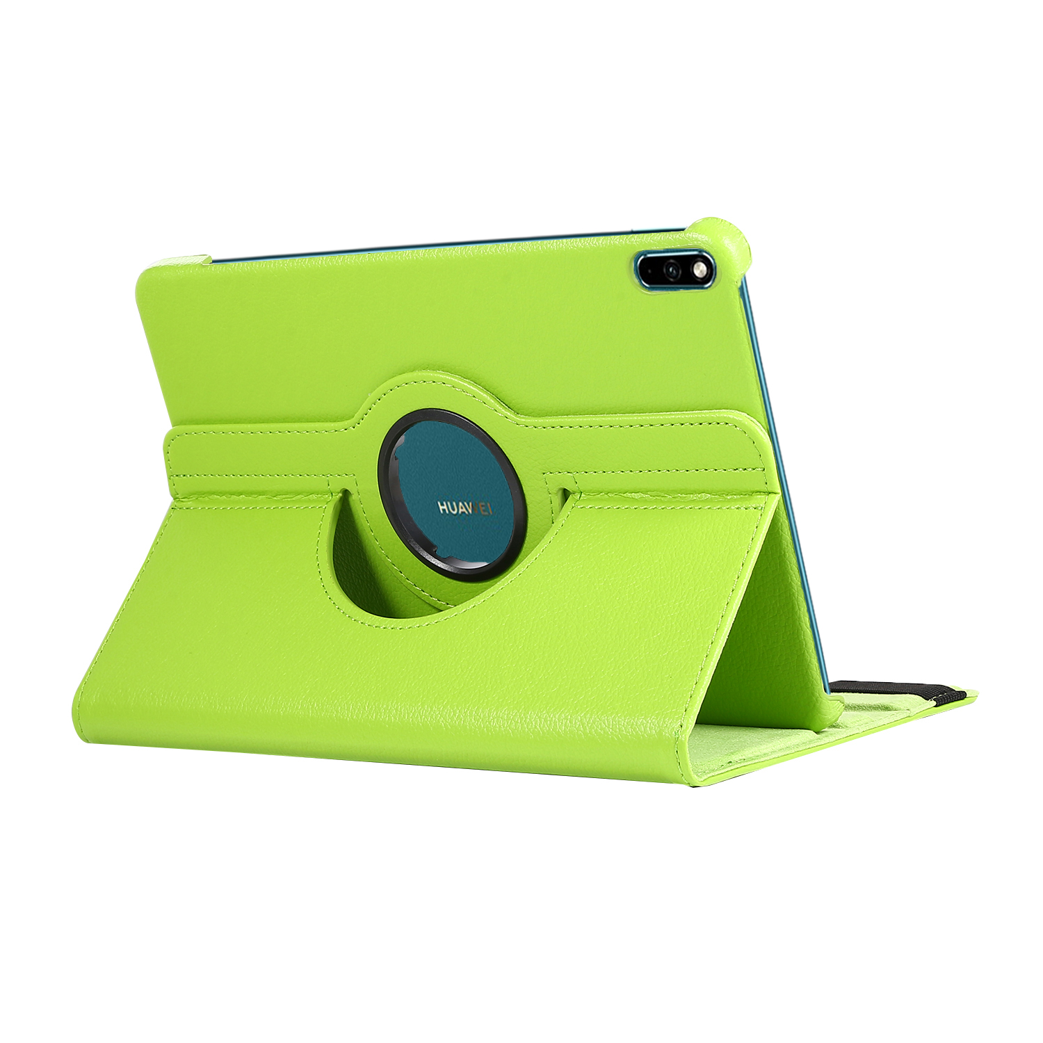 Grüne Tablethülle mit drehbarem Ständer. Das Tablet ist sichtbar.