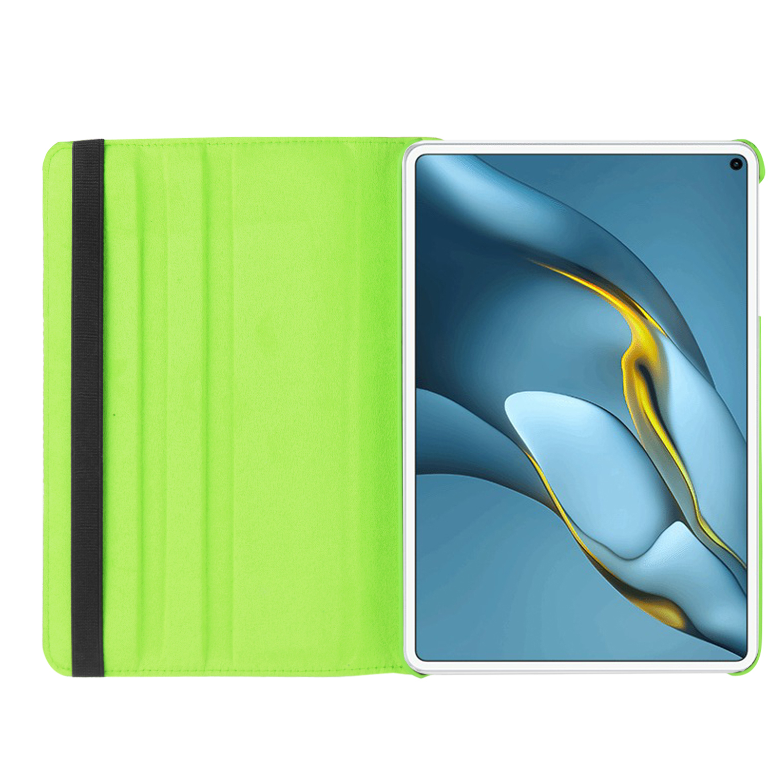 Eine limettengrüne Tablet-Hülle, geöffnet, um ein Tablet mit einem Display mit blauem, gelbem und weißem Muster zu zeigen.