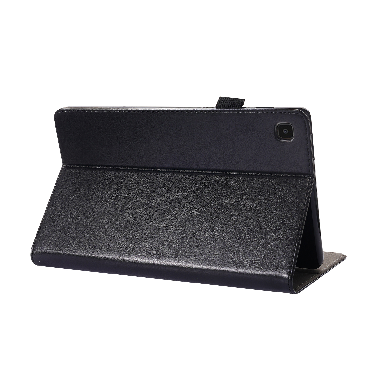 Eine schwarze Tablet-Hülle, geöffnet, zeigt den Tablet-Bildschirm.