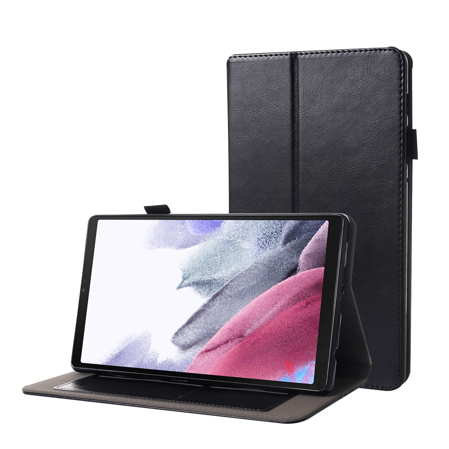 Schwarze Tablethülle mit Tablet darin. Eine zweite geschlossene Hülle steht dahinter.