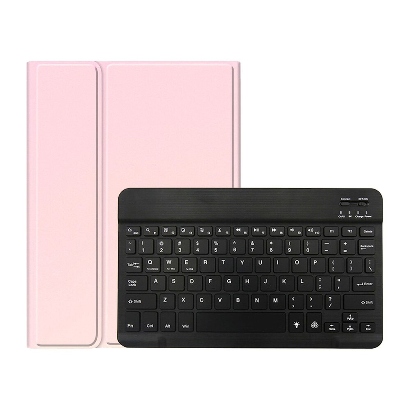 Rosa Tablet-Hülle mit schwarzer Tastatur. Die Hülle ist offen.
