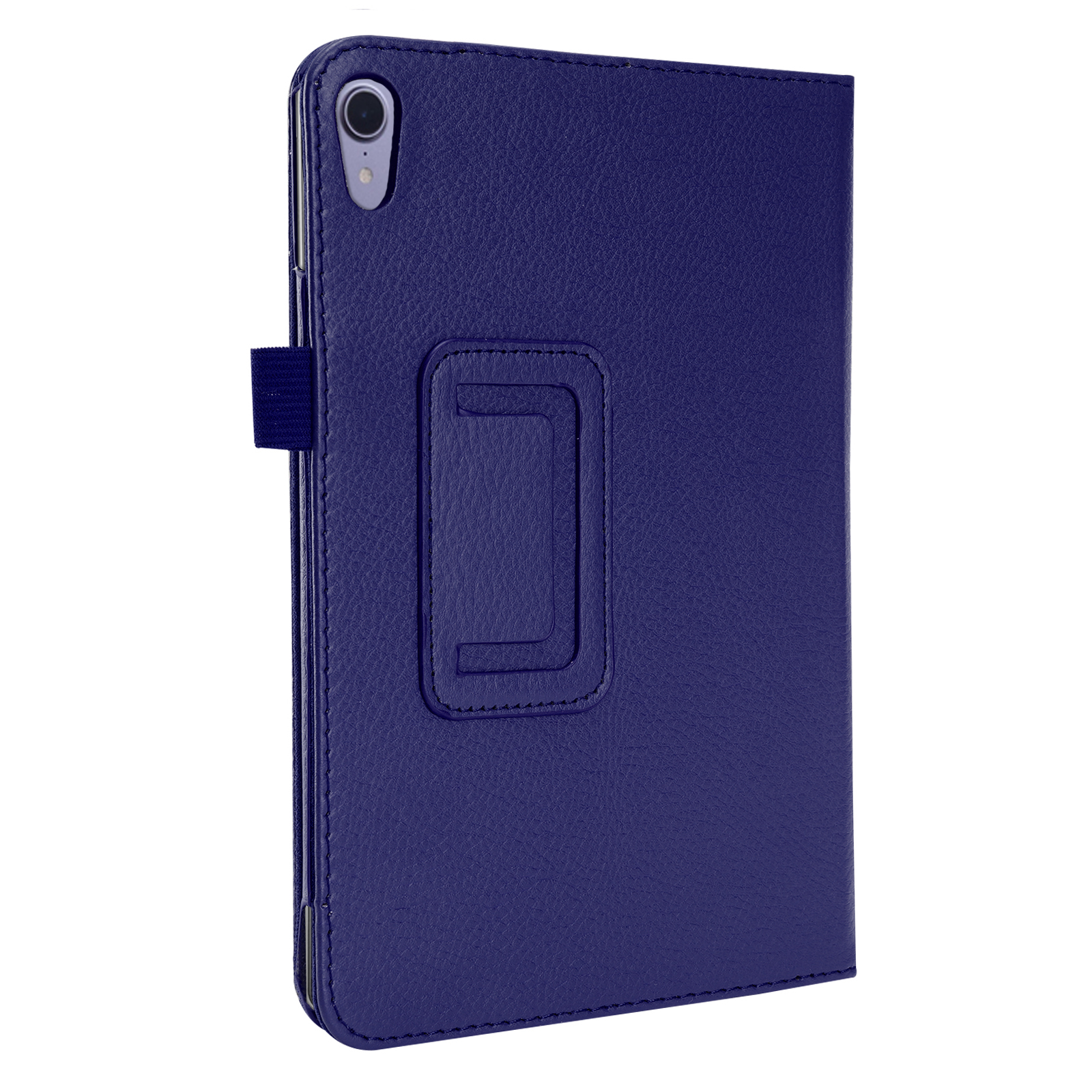 Blaue Tablet-Hülle, geschlossen. Seitenansicht, mit Stifthalter.