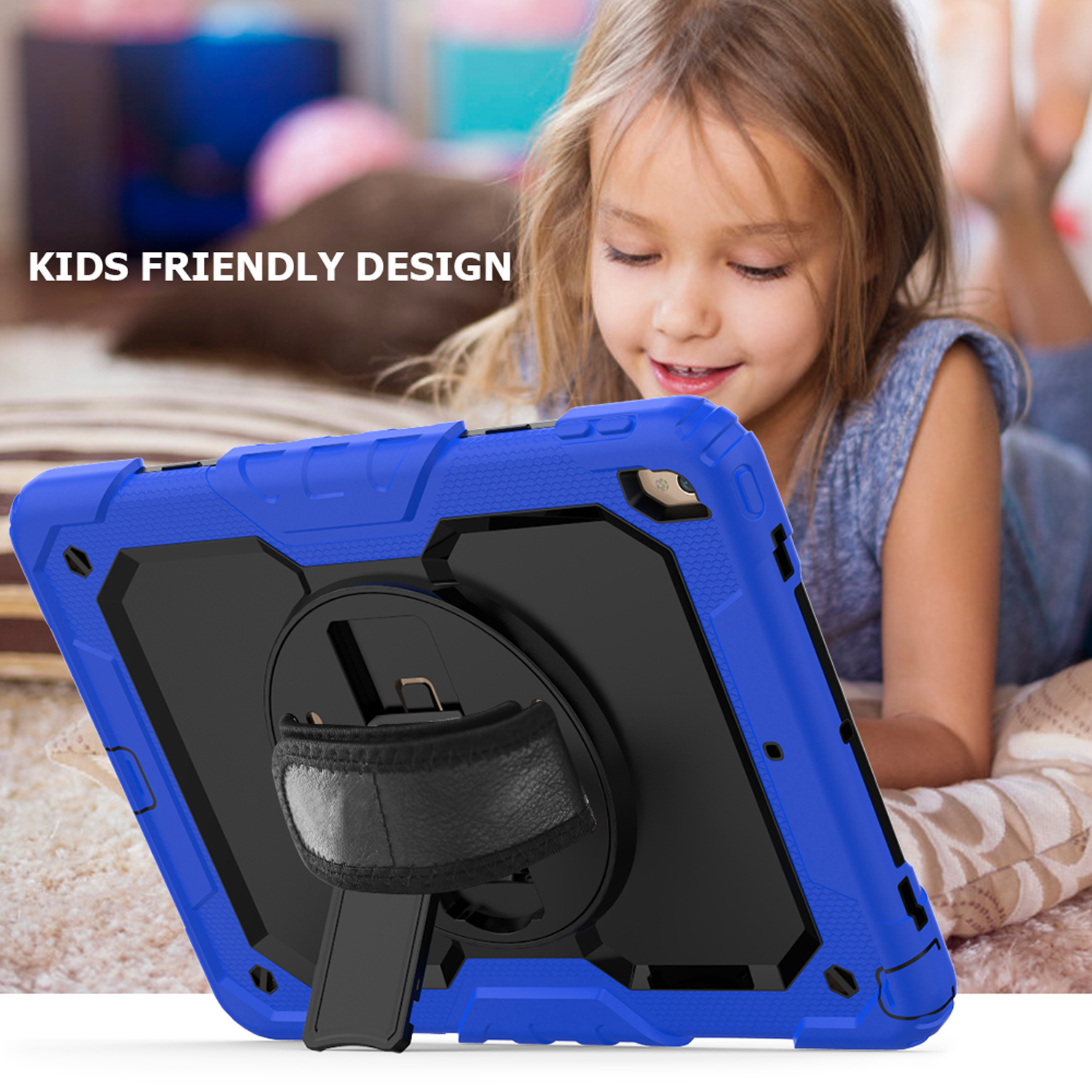 Ein Mädchen lächelt einen Tablet-PC in einer blauen Hülle an. Text: 'KIDS FRIENDLY DESIGN'.