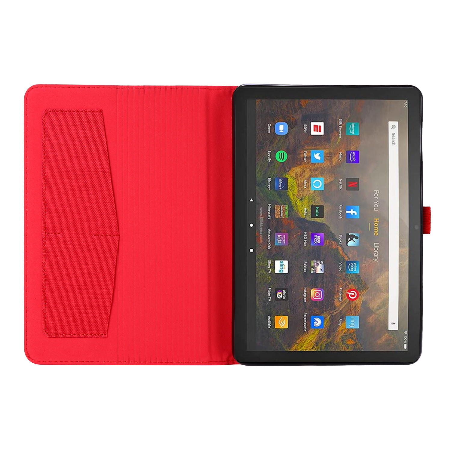 Tablet in roter Hülle, offen. Der Tablettbildschirm zeigt eine App-Bibliothek.