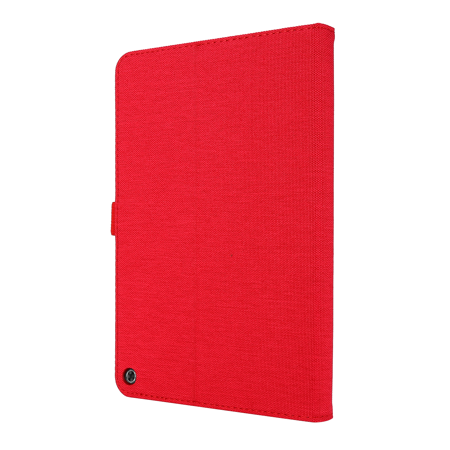 Rote Tablet-Hülle, geschlossen. Zeigt die Vorderseite mit einem Loch für die Kamera.