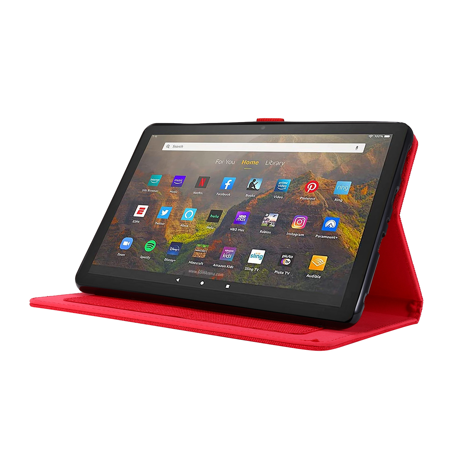 Tablet mit roter Hülle, geöffnet, zeigt einen Bildschirm mit Apps wie Netflix und Amazon. Weißer Hintergrund.