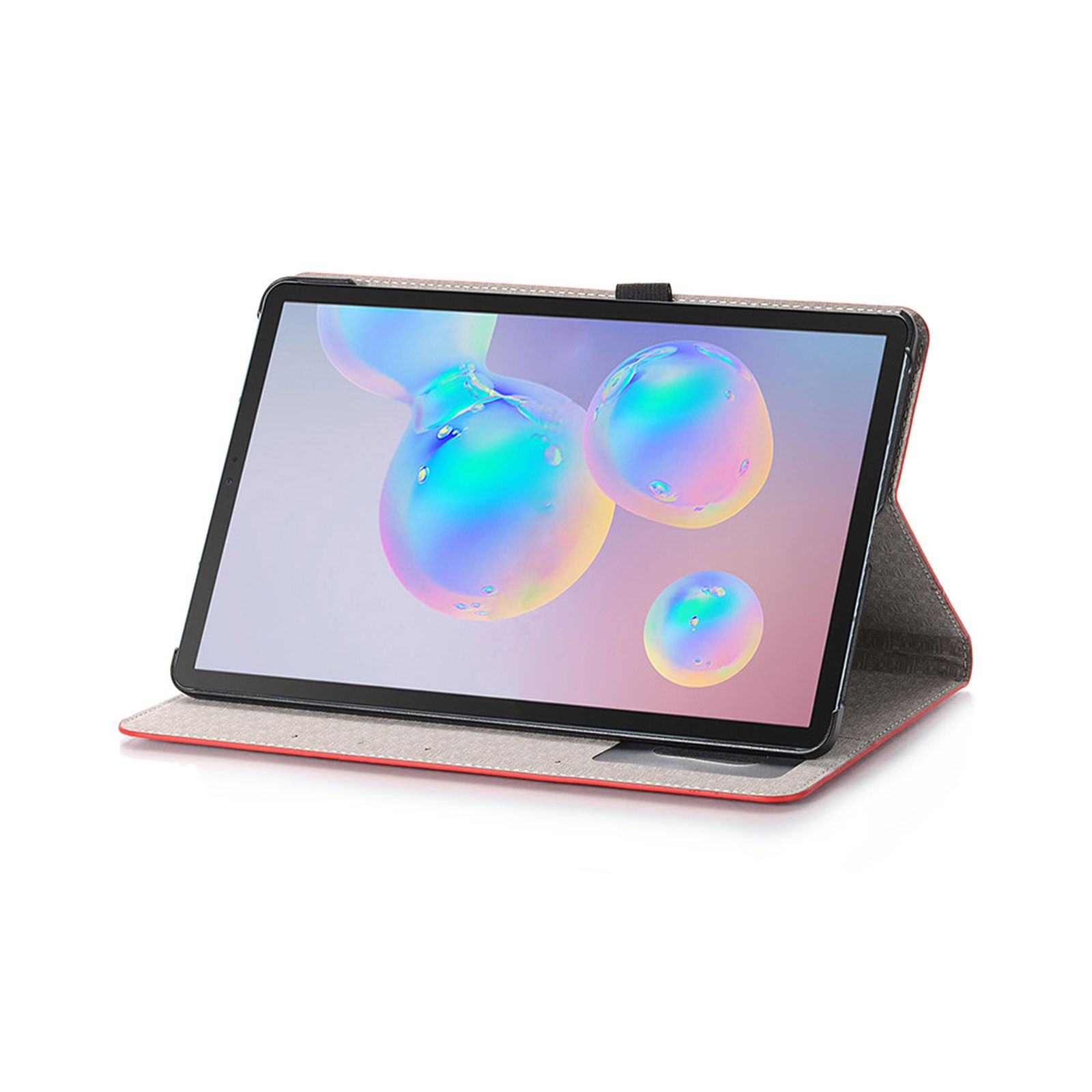 Tablet in einer rot-grauen Hülle, geöffnet, zeigt einen Bildschirm mit Blasendesign.