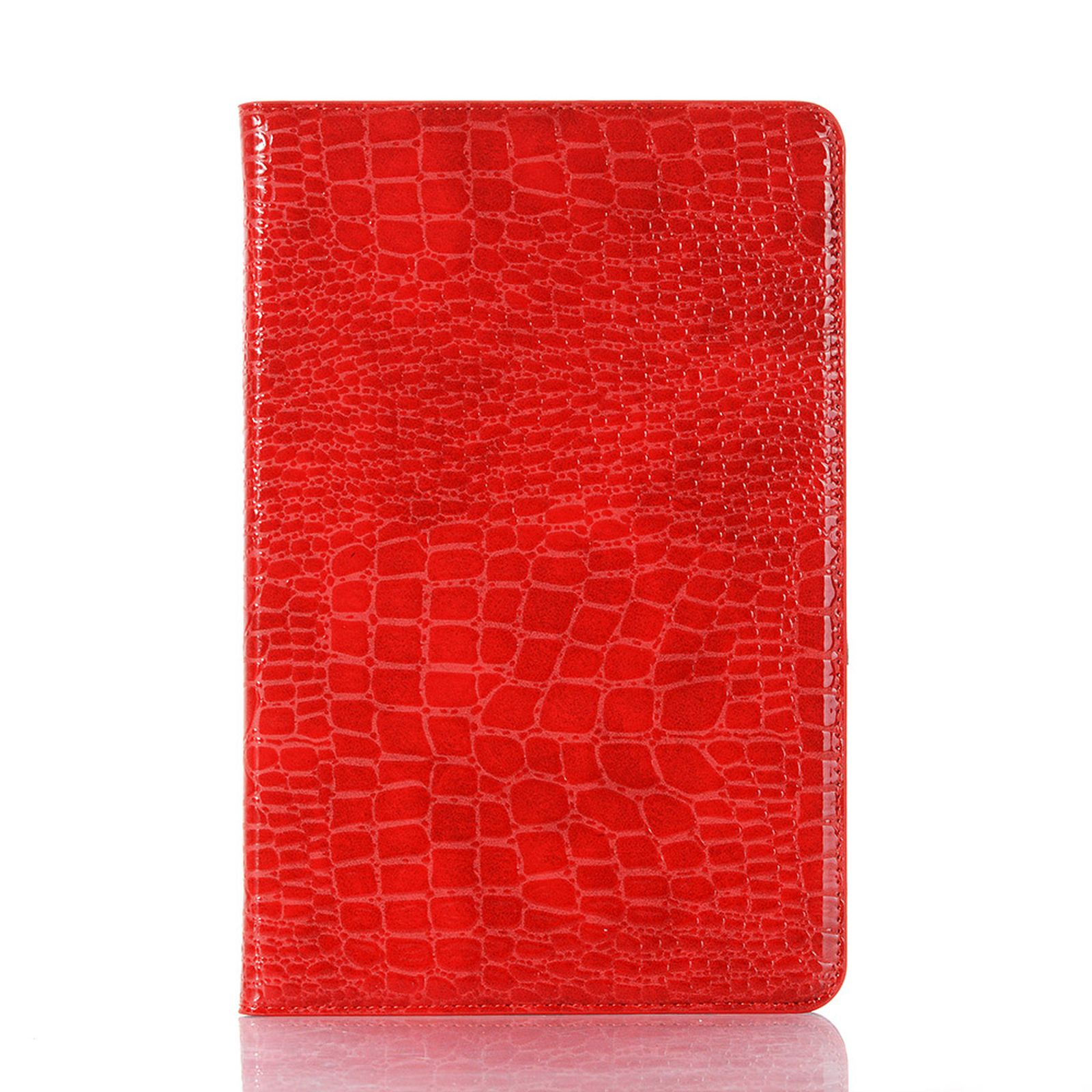 Eine rote, strukturierte Tablet-Hülle. Sie ist geschlossen und hat ein krokodilhautähnliches Muster.