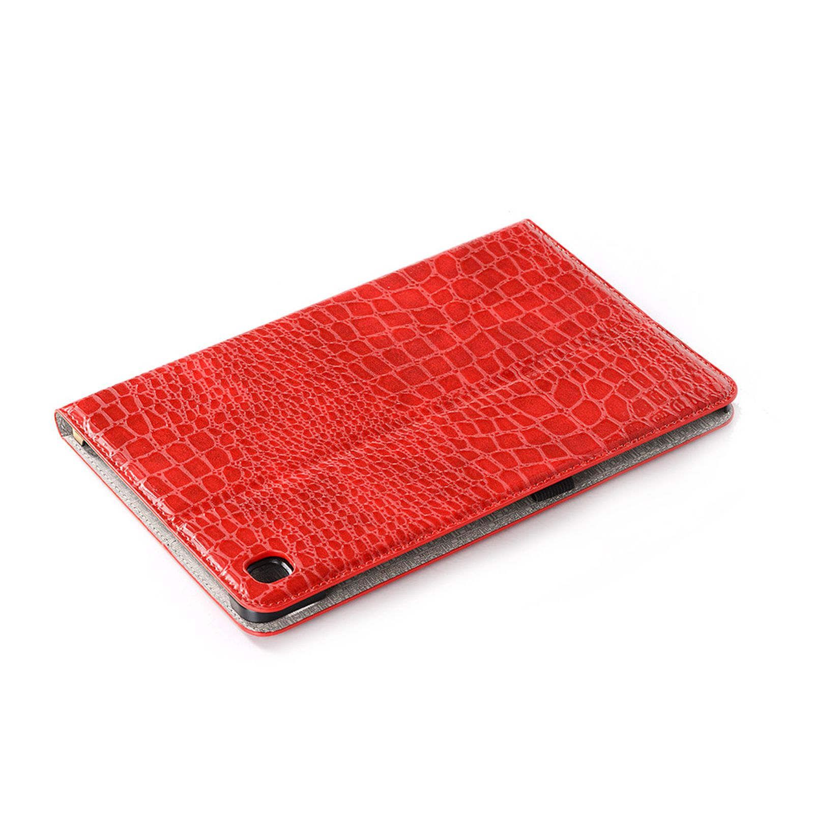 Rote Tablethülle mit Krokodiltextur, geschlossen, auf weißem Hintergrund.