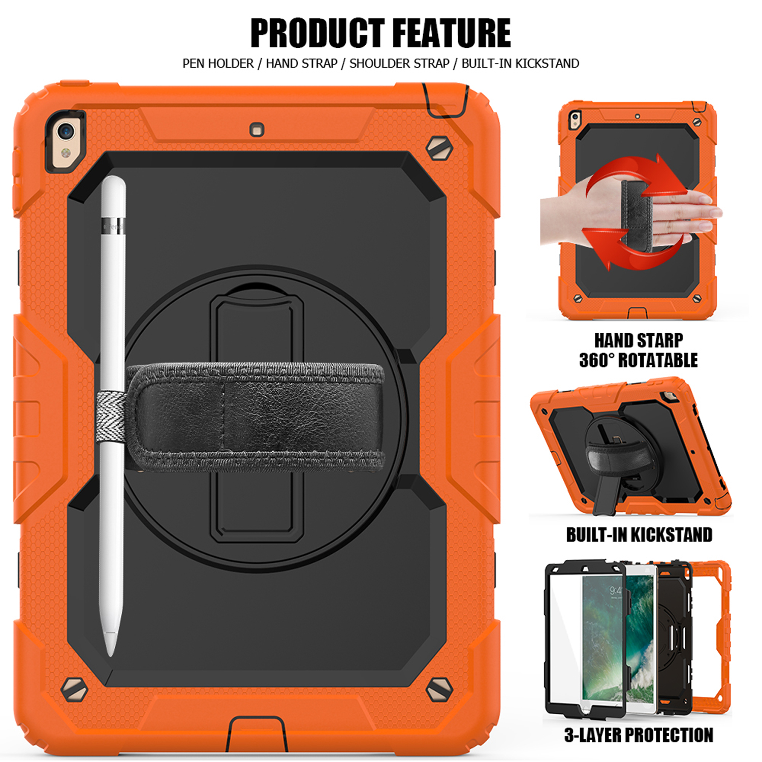 Orange Tablet-Hülle mit Tablet und mehreren Produktmerkmalen, auf weißem Hintergrund.
