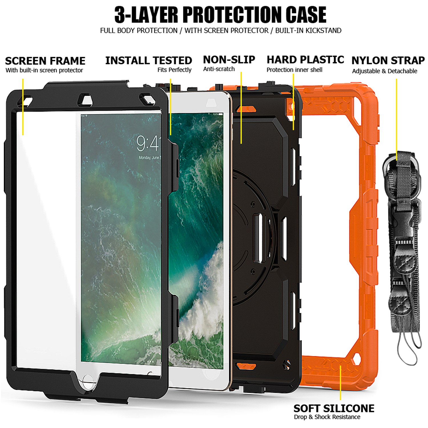 Tablethülle, orange und schwarz. Dreischichtig. Gehäuseteile und Tablet mit Displayschutz.