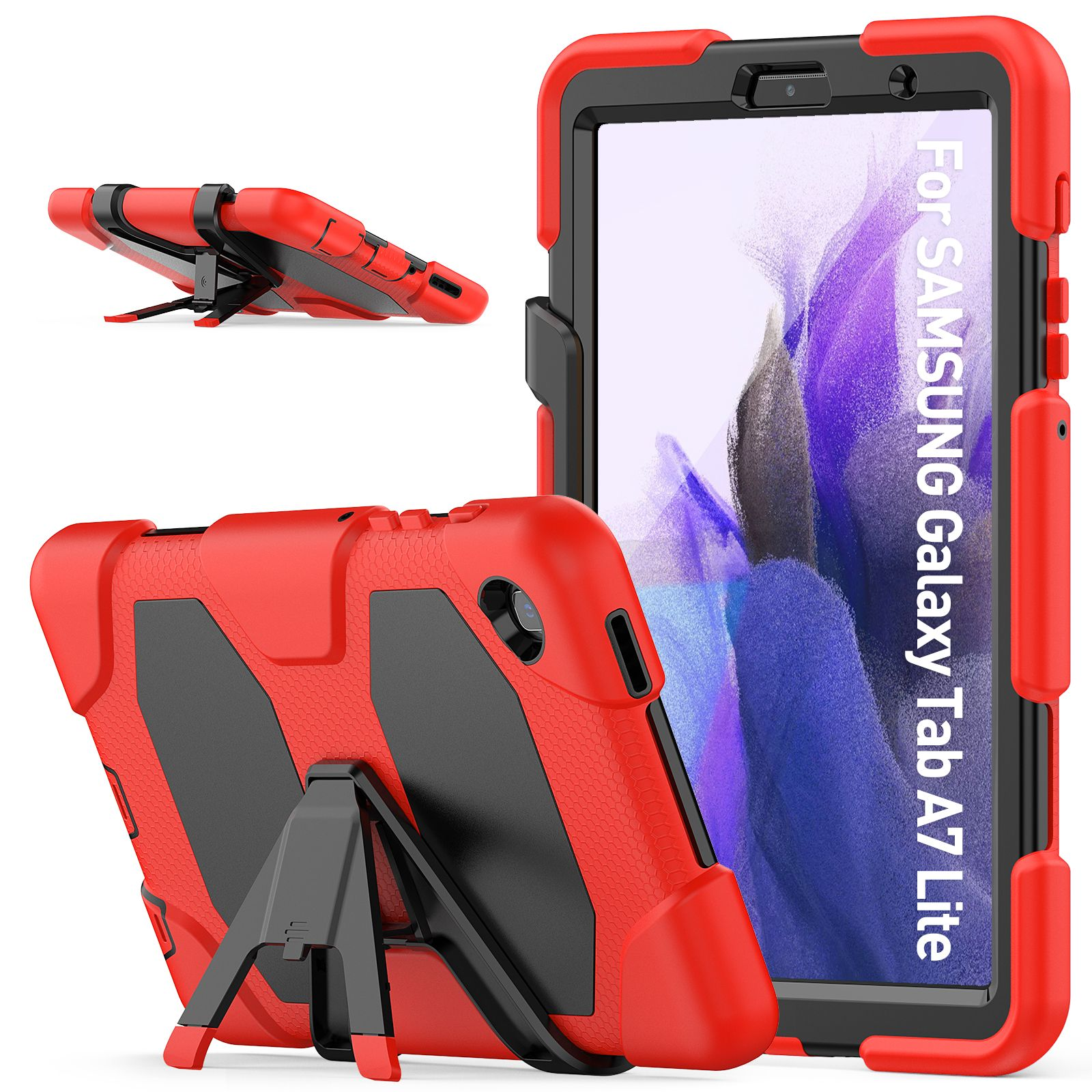 Rote und schwarze Tablet-Hülle mit Ständer. Weißer Hintergrund. Text: Für SAMSUNG Galaxy Tab A7 Lite.