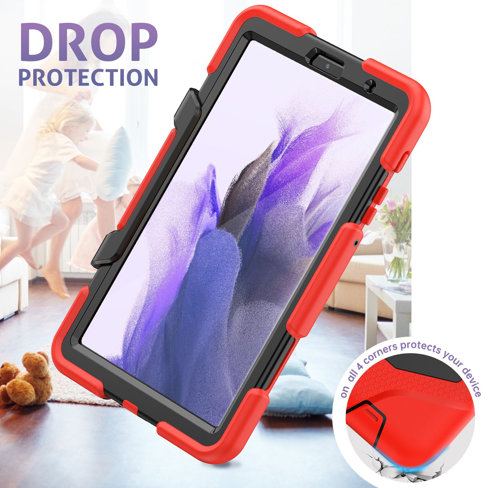 Tablet in einer rot-schwarzen Schutzhülle, mit Kind im Hintergrund.