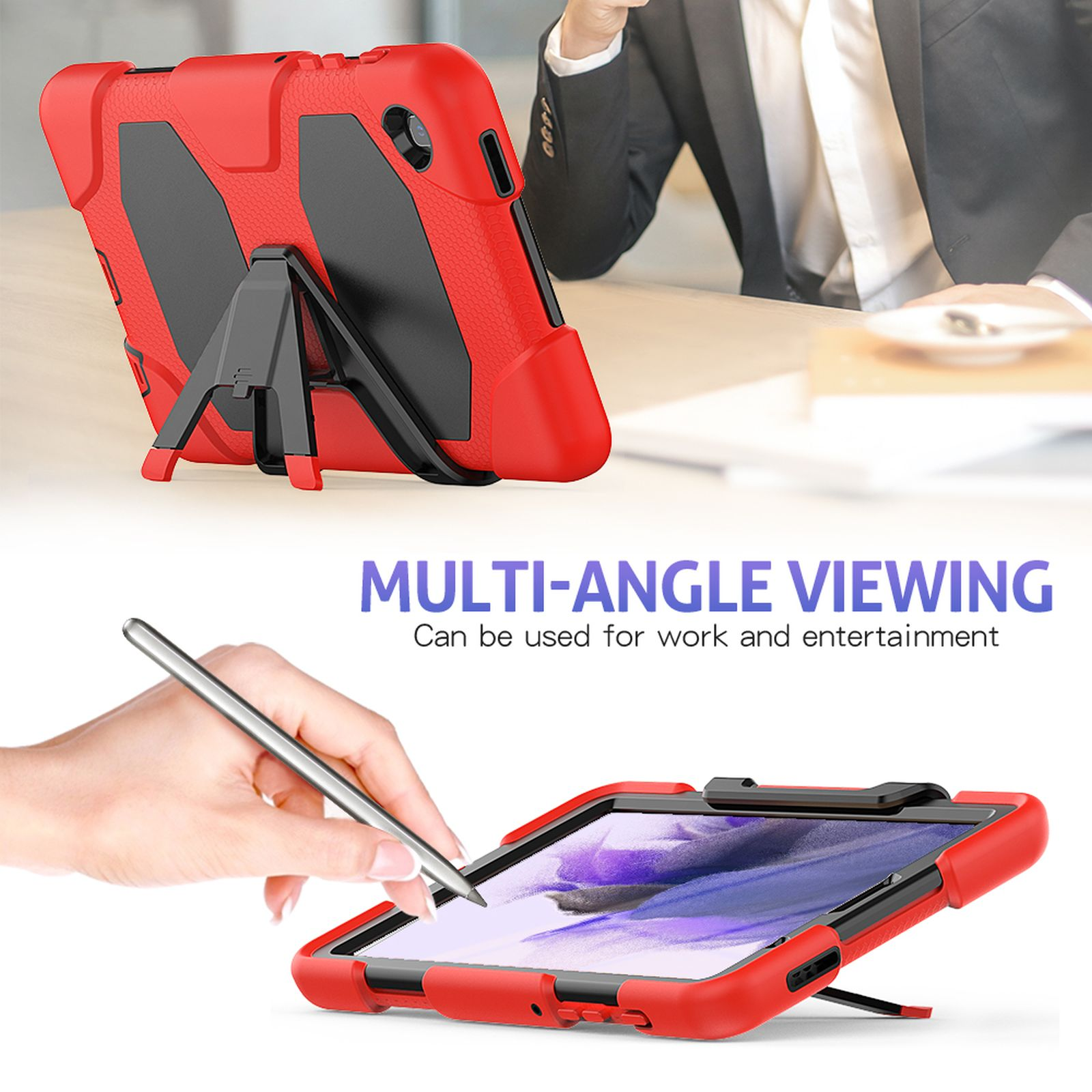 Rote Tablethülle mit Stift. Das Tablet befindet sich in einer Arbeitsumgebung.