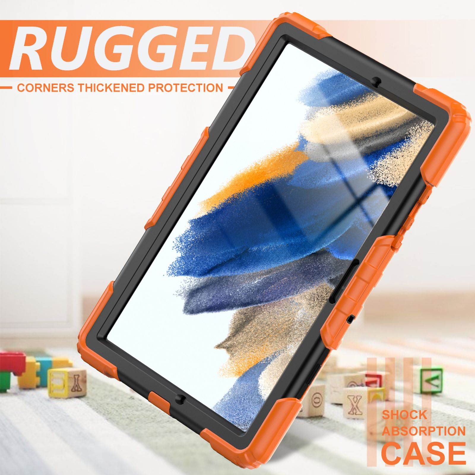 Tablethülle, orange und schwarz, mit robustem Design. Das Tablet ist darin. Text sagt 'RUGGED' und 'CASE'.