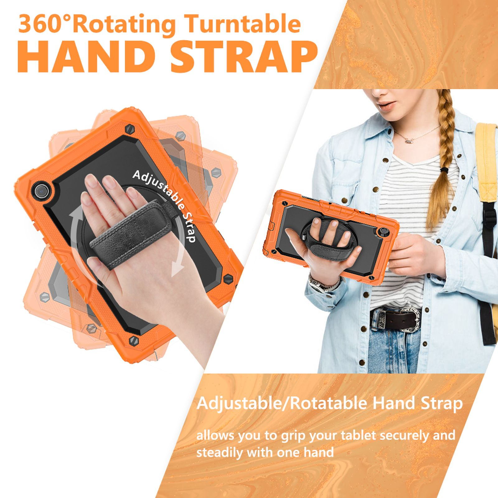 Orange Tablet-Hülle mit drehbarem Handriemen, außerdem mit verstellbarem Riemen zum Greifen.