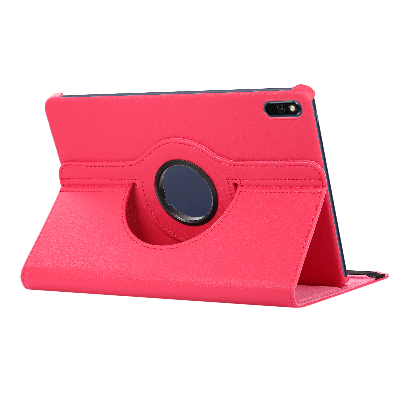 Eine pinkfarbene Tablethülle, geöffnet, mit drehbarem Ring und Tablet-Bildschirm.