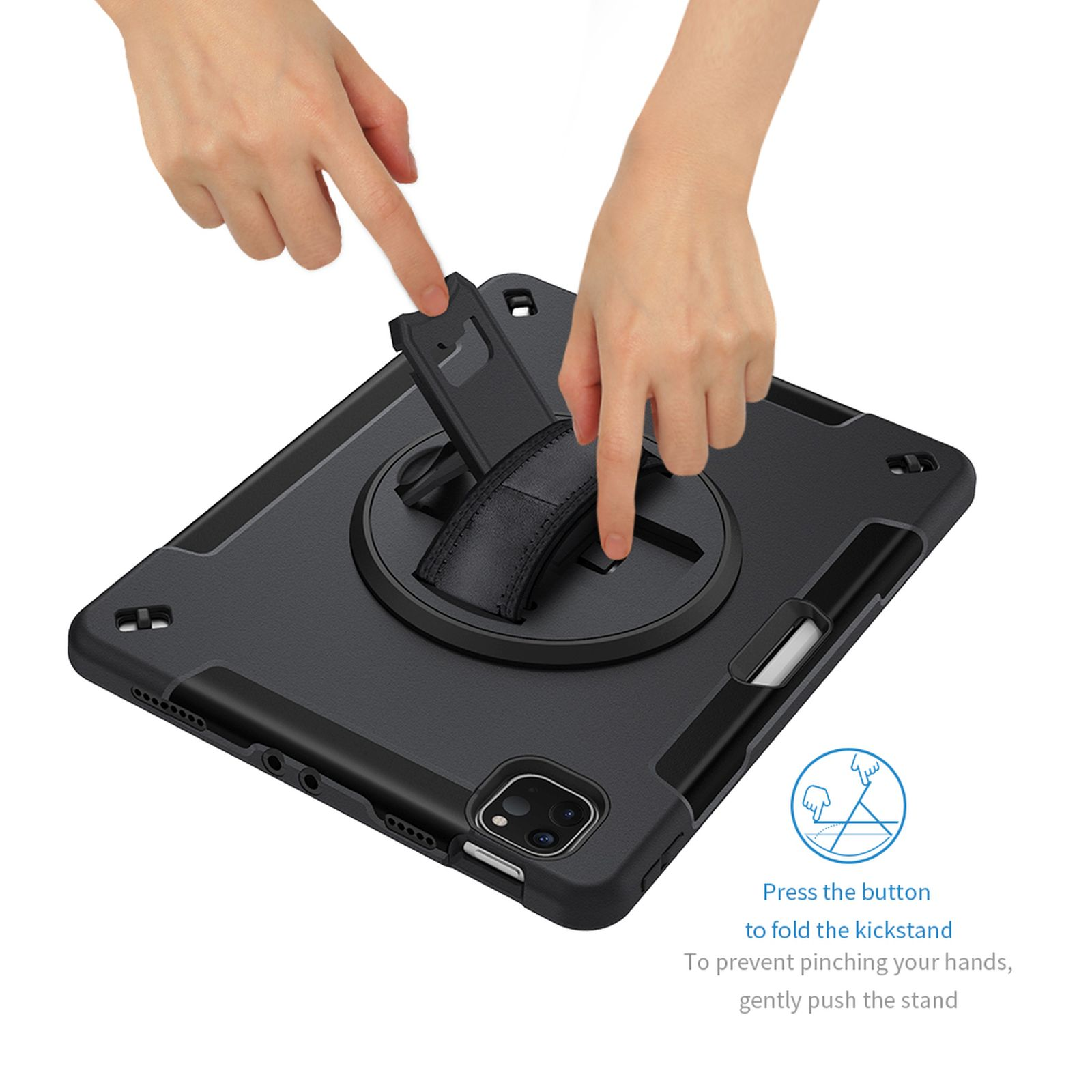 Hände falten Tablet-Ständer. Schwarze Tablethülle mit Ständer und Stifthalter.
