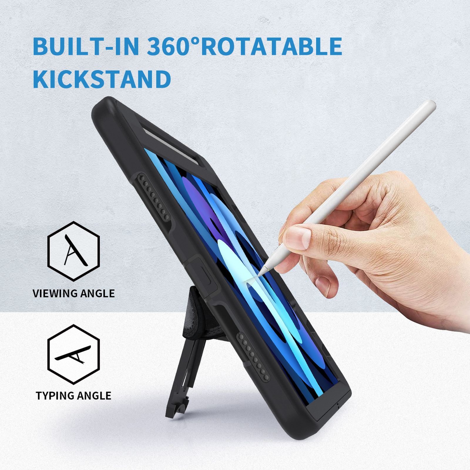Tablet in einem Gehäuse, mit einem Ständer aufgestellt. Der Bildschirm zeigt Stift und Symbole.