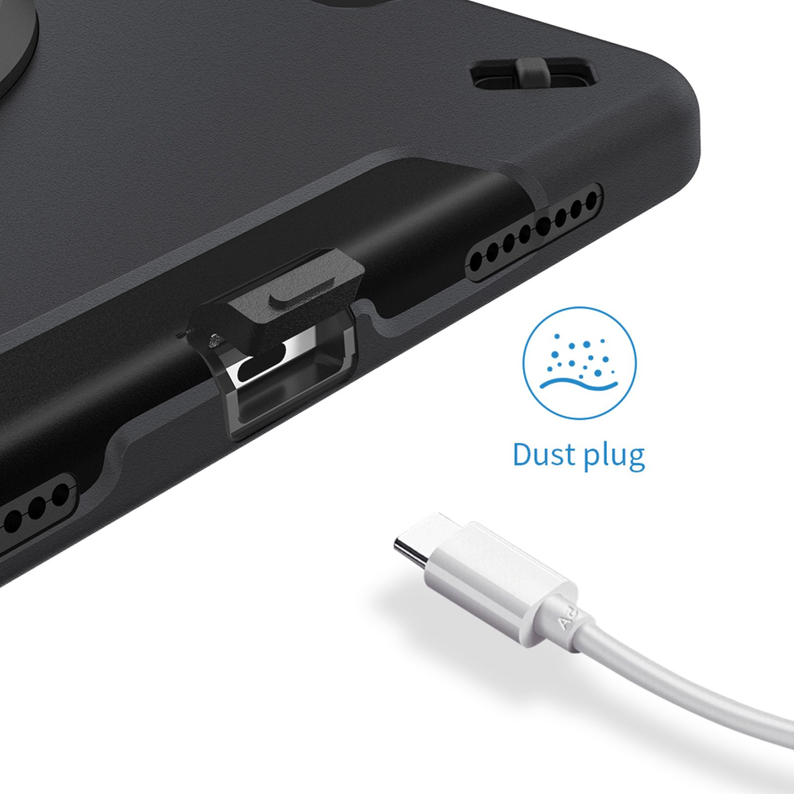 Nahaufnahme eines Tablets mit Ladeanschluss und USB-C-Kabel.