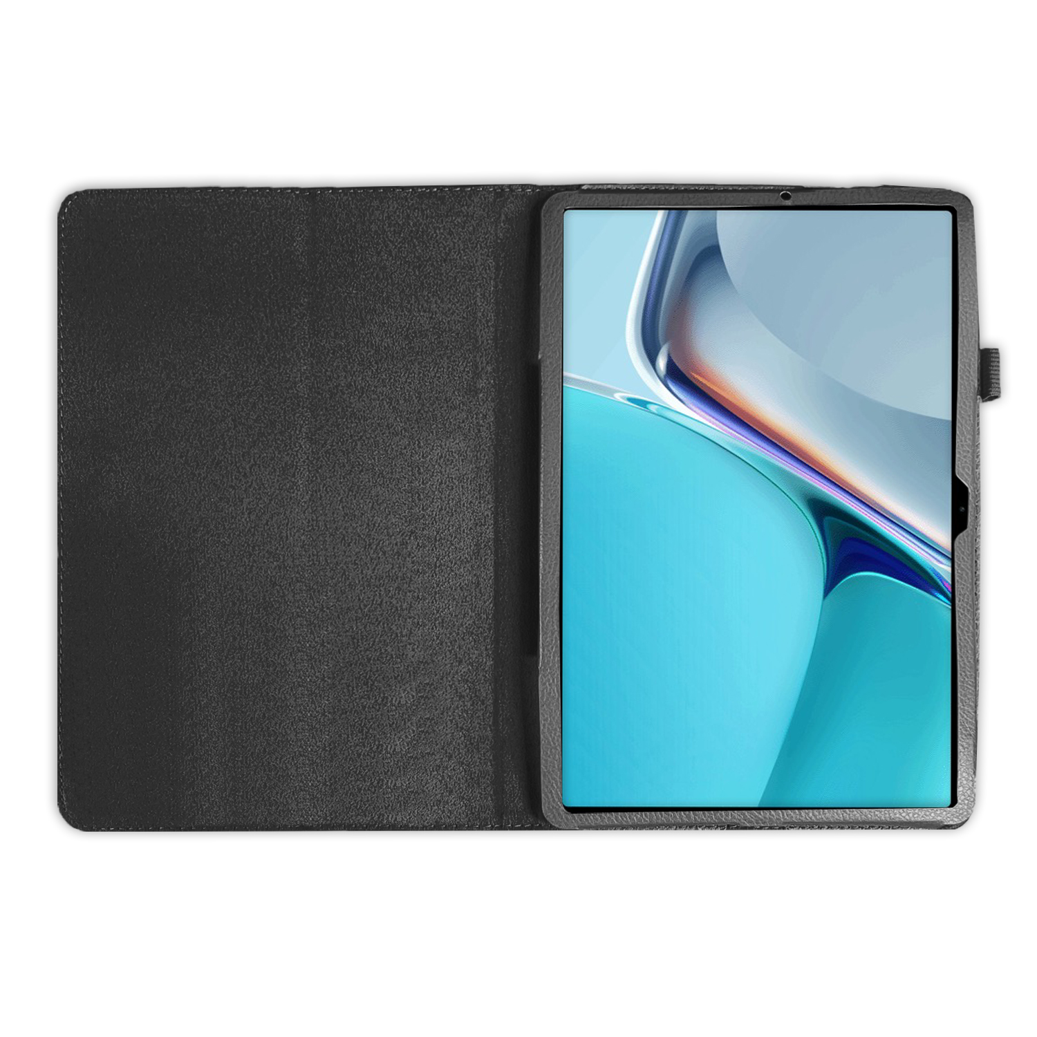 Schwarze Tablethülle offen mit Tablet innen, zeigt einen blauen Bildschirm. Weißer Hintergrund.