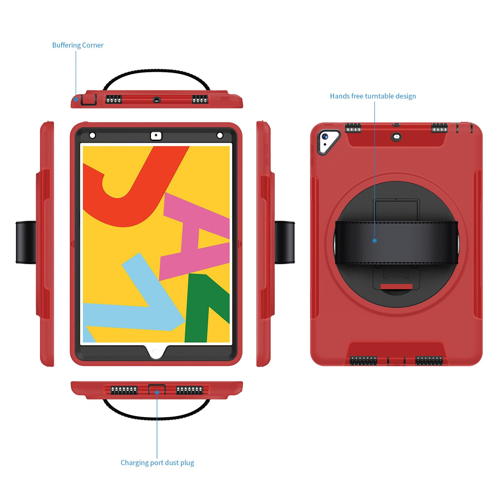 Rote Tablet-Hülle, mit verschiedenen Ansichten und hervorgehobenen Funktionen.